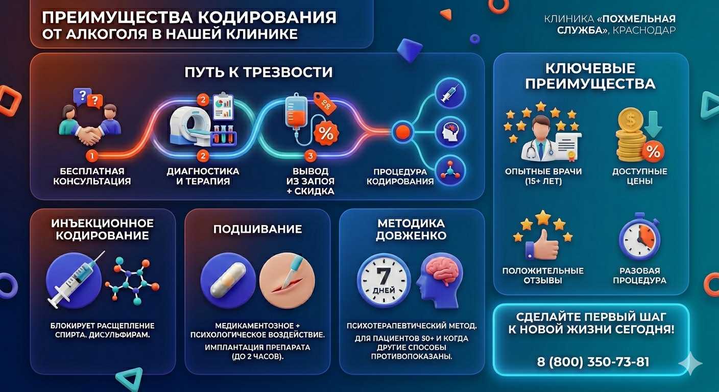 Инфографика о методах кодирования от алкоголя в Арамиле: инъекции, подшивание, метод Довженко. Преимущества клиники и этапы лечения.